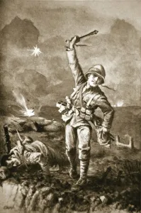 Sergeant Somers holding back the enemy by bombing them when a barricade was being raised Sergeant Somers holding back the enemy by bombing them when a barricade was being raised