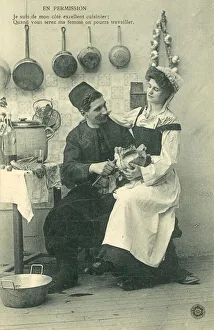 Servant girl sitting on man's knee in the kitchen (b/w photo) Servant girl sitting on man's knee in the kitchen (b/w photo)
