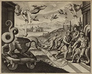 Seven angels emptying seven bowls filled with God's wrath (engraving) Seven angels emptying seven bowls filled with God's wrath (engraving)