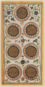 The Seven of Coins, facsimile of a tarot card from the Visconti deck The Seven of Coins, facsimile of a tarot card from the Visconti deck