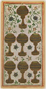 The Seven of Cups, facsimile of a tarot card from the Visconti deck The Seven of Cups, facsimile of a tarot card from the Visconti deck