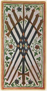 The Seven of Swords, facsimile of a tarot card from the Visconti deck The Seven of Swords, facsimile of a tarot card from the Visconti deck