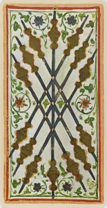 The Seven of Wands, facsimile of a tarot card from the Visconti deck The Seven of Wands, facsimile of a tarot card from the Visconti deck