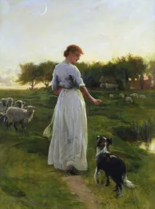 A Shepherdess with her Dog and Flock in a Moonlit Meadow A Shepherdess with her Dog and Flock in a Moonlit Meadow