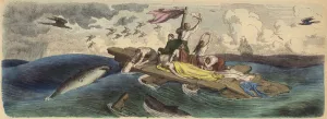 Shipwreck survivors adrift on a raft in the South Seas (coloured engraving) Shipwreck survivors adrift on a raft in the South Seas (coloured engraving)