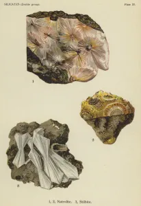 Silicates (zeolite group), natrolite, stilbite (colour litho) Silicates (zeolite group), natrolite, stilbite (colour litho)