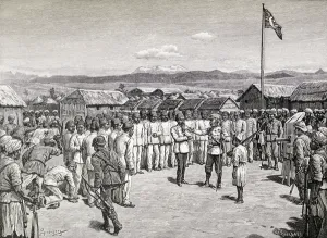 Sir Henry Morton Stanley addressing rebel officers at Kavalli, 1890 (wood engraving) Sir Henry Morton Stanley addressing rebel officers at Kavalli, 1890 (wood engraving)