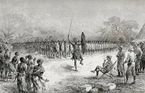 Sir Henry Morton Stanley watching a phalanx dance by Mazambonis warriors at Usiri Sir Henry Morton Stanley watching a phalanx dance by Mazambonis warriors at Usiri