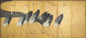 Six-panel screen depicting Cranes, Edo Period (ink, colour, gold & silver on paper) Six-panel screen depicting Cranes, Edo Period (ink, colour, gold & silver on paper)