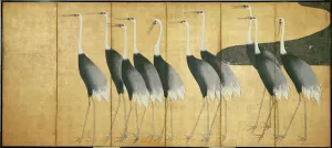 Six-panel screen depicting Cranes, Edo Period (ink, colour, gold & silver on paper) Six-panel screen depicting Cranes, Edo Period (ink, colour, gold & silver on paper)