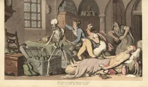 The skeleton of Death leads greedy children to the trunk of gold of a miser The skeleton of Death leads greedy children to the trunk of gold of a miser