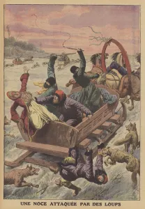 A sleigh carrying a wedding party attacked by wolves in Russia (colour litho) A sleigh carrying a wedding party attacked by wolves in Russia (colour litho)
