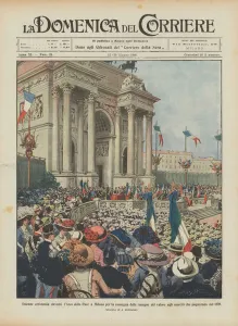 Solemn ceremony in front of the Arch of Peace in Milan for the delivery of the insignia of value to... (colour litho) Solemn ceremony in front of the Arch of Peace in Milan for the delivery of the insignia of value to... (colour litho)