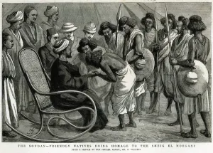 The Soudan: Friendly natives doing homage to the Sheik el Morgani, from The Graphic' The Soudan: Friendly natives doing homage to the Sheik el Morgani, from The Graphic'