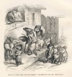 Souris faisant la charite a un cochon. Vignettes illustrees par JJ Granville Souris faisant la charite a un cochon. Vignettes illustrees par JJ Granville