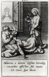 St. Catherine Exorcising a Demon from a Possessed Woman (engraving) (b/w photo) St. Catherine Exorcising a Demon from a Possessed Woman (engraving) (b/w photo)