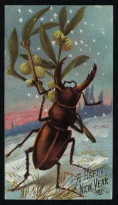 Stag beetle carrying mistletoe in a wintry scene, Christmas greetings card (chromolitho) Stag beetle carrying mistletoe in a wintry scene, Christmas greetings card (chromolitho)
