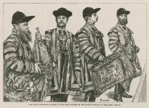 The State trumpeters waiting to give the fanfare on the Queen's arrival at the Abbey (engraving) The State trumpeters waiting to give the fanfare on the Queen's arrival at the Abbey (engraving)