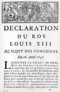 Statement of Louis XIII (1601-43) on the comedians, 16th April 1641 (engraving Statement of Louis XIII (1601-43) on the comedians, 16th April 1641 (engraving