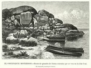 Lake Victoria Collection: Strangely shaped granite rocks on the island of Wezi, Lake Victoria (litho)