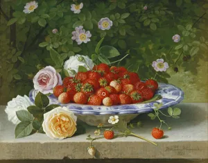 Strawberries in a Blue and White Buckelteller with Roses and Sweet Briar on a Ledge Strawberries in a Blue and White Buckelteller with Roses and Sweet Briar on a Ledge