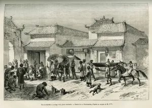A street in Hanoi (Vietnam) and the cortege of a large mandarin, drawing by A.Ferdinandus, to illustrate the story of M A street in Hanoi (Vietnam) and the cortege of a large mandarin, drawing by A.Ferdinandus, to illustrate the story of M