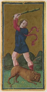Strength, fascimile of a tarot card from the Visconti deck Strength, fascimile of a tarot card from the Visconti deck