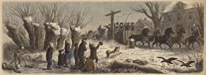 Students travelling by sleigh on a street in central Germany (coloured engraving) Students travelling by sleigh on a street in central Germany (coloured engraving)