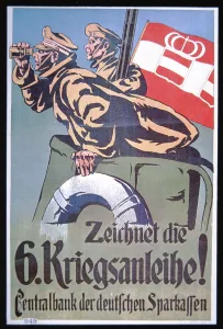 Subscribe to the Sixth War Loan, WWI German poster, 1914-18 (colour litho) Subscribe to the Sixth War Loan, WWI German poster, 1914-18 (colour litho)