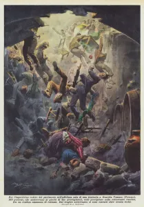 For the sudden collapse of the floor in the crowded room of a trattoria in Guardia Vomano... (colour litho) For the sudden collapse of the floor in the crowded room of a trattoria in Guardia Vomano... (colour litho)