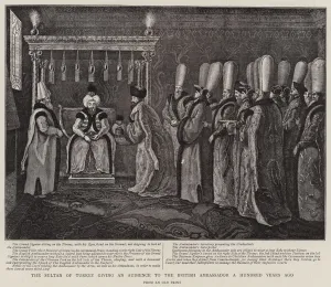 The Sultan of Turkey giving an Audience to the British Ambassador a Hundred Years ago (engraving) The Sultan of Turkey giving an Audience to the British Ambassador a Hundred Years ago (engraving)
