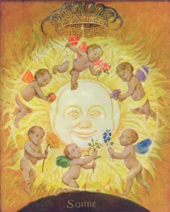 Sun, illustration from Festkalender published in Leipzig c.1910 (colour litho) Sun, illustration from Festkalender published in Leipzig c.1910 (colour litho)