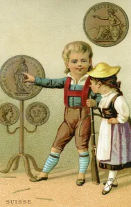 Swiss boy and girl admiring a display of Swiss francs, from a series of promotional Swiss boy and girl admiring a display of Swiss francs, from a series of promotional