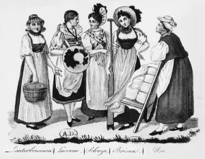 Swiss women in traditional costume (engraving) (b/w photo) Swiss women in traditional costume (engraving) (b/w photo)