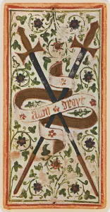 The Two of Swords, facsimile of a tarot card from the Visconti deck The Two of Swords, facsimile of a tarot card from the Visconti deck