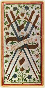 The Four of Swords, facsimile of a tarot card from the Visconti deck The Four of Swords, facsimile of a tarot card from the Visconti deck