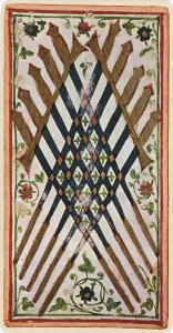 The Ten of Swords, facsimile of a tarot card from the Visconti deck The Ten of Swords, facsimile of a tarot card from the Visconti deck