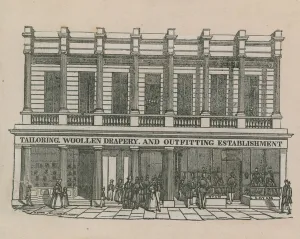 Tailoring, woollen drapery and outfitting establishment (engraving) Tailoring, woollen drapery and outfitting establishment (engraving)