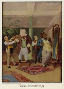 Two tailors came with cloth and tape to fit them out in handsome shape (colour litho) Two tailors came with cloth and tape to fit them out in handsome shape (colour litho)