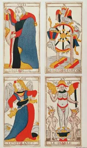 Four Tarot cards depicting The Hermit, The Wheel of Fortune Four Tarot cards depicting The Hermit, The Wheel of Fortune