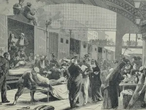 Railway Station Scene Prints: Arrival of the Wounded, 1870 (engraving)