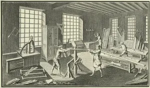 Woodworking Techniques Prints: The Cabinetmaker's workshop. From Encyclopedie, Paris, c1751