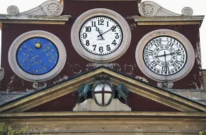 Astronomical Clock Prints: Detail from clock with three faces from facade of Town Hall Palace