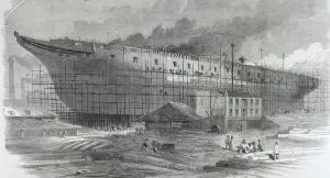 Vintage Transportation Methods Prints: The construction of a large ship, 1860 (engraving)