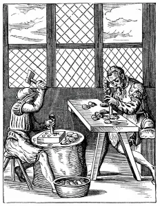 16th Century Woodcut Print: Dice Maker's Workshop