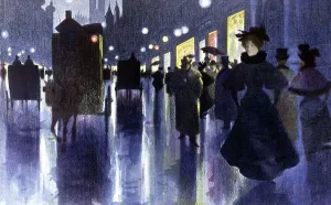 Historical German Architecture Prints: Electric lighting at nightfall in Berlin, early 20th century (illustration)