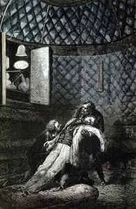Science Fiction Artwork Prints: Emergency in the padded interior of the space capsule, 1865 (engraving)