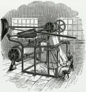 Women In Industry Prints: Foudrinier's machine for cutting paper into sheets. Engraving, c1845