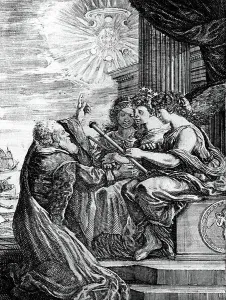 Heliocentric Universe Prints: Galileo presenting his telescope to the Muses