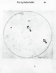 Black And White Astronomy Prints: Galileo's observation of sunspots. From Galileo Galilei Istoria, Rome 1613. Engraving